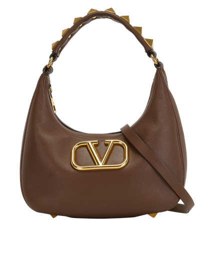 V Logo Studded Shoulder Bag, &pound;550, Handbags, Brown, Leather, Front view